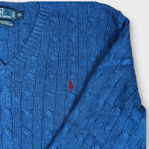 Polo by Ralph Lauren Tussah Silk Cable Knit V Neck Sweater Mens XL Blue Pullover - Picture 4 of 6